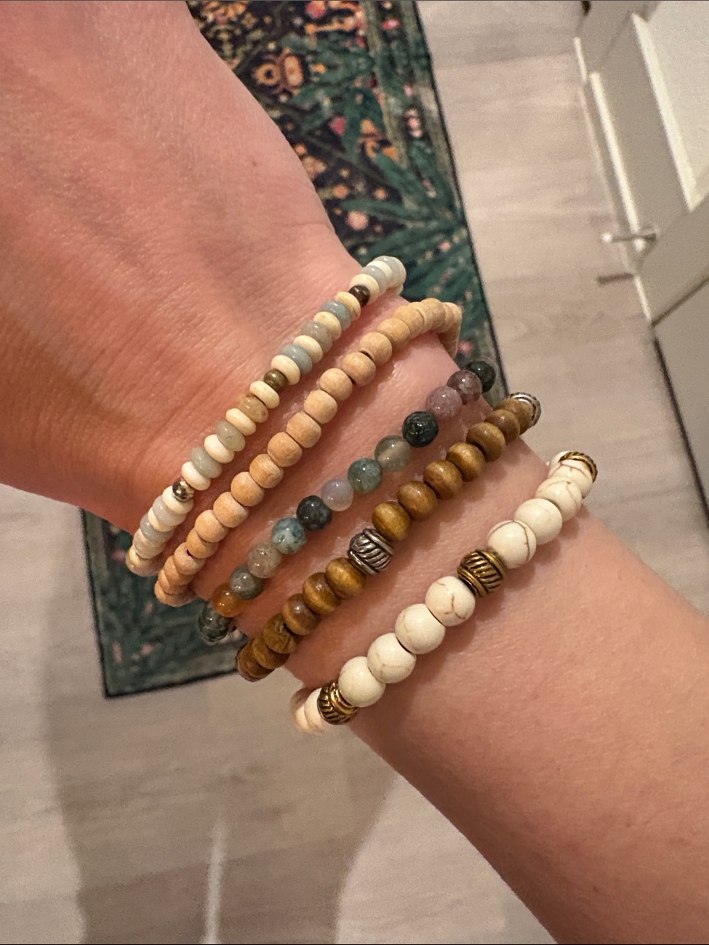 5-Piece Stackable Neutral Beaded Bracelets - Natural White, Tan & Brown